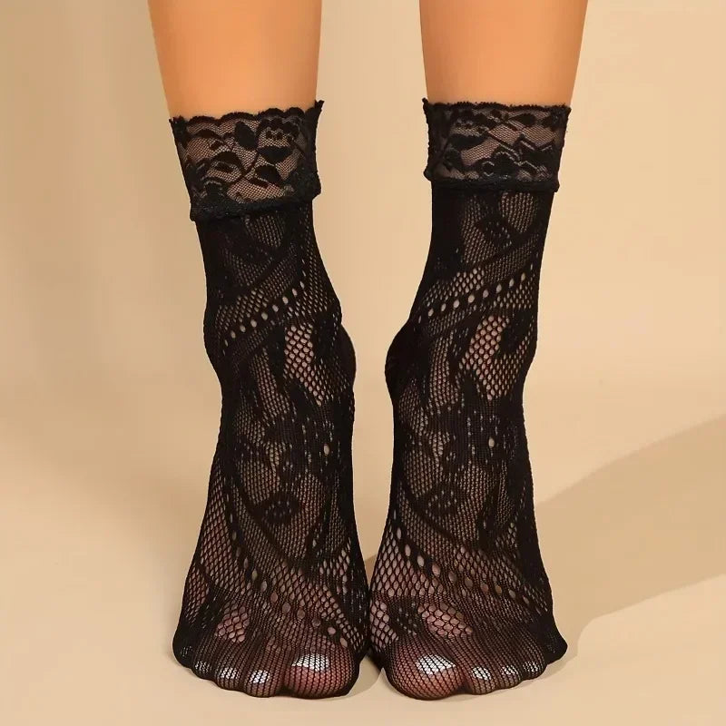 5 Paar Blumen-Spitzensocken Dünne Atmungsaktive Kurze Socken Sommer Netz Lolita Fischernetz Damenstrümpfe Strumpfwaren