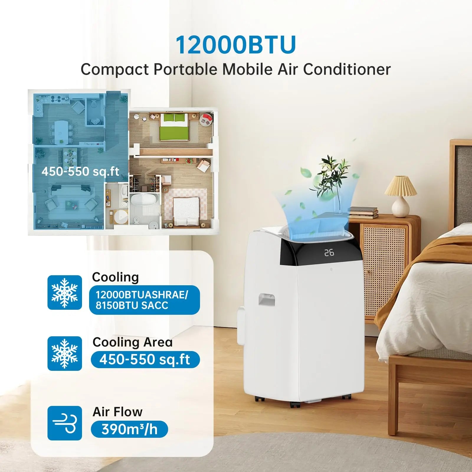 Tragbare Klimaanlage 12000 BTU, 4-in-1 Kühlung, Entfeuchter, Ventilator & Automatischer Luftstrom, Keine Außeneinheit, Leiser Betrieb, Für Zuhause Hauptbild