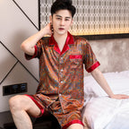 Hochwertiger Pyjama-Anzug Herren Sommer Kurzarm Shorts Eisseide Nachtwäsche Herren Sommer Große Größe Einfaches Freizeit-Loungewear-Set