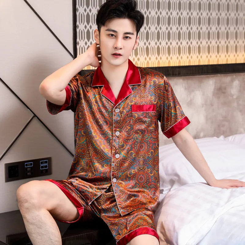 Hochwertiger Pyjama-Anzug Herren Sommer Kurzarm Shorts Eisseide Nachtwäsche Herren Sommer Große Größe Einfaches Freizeit-Loungewear-Set