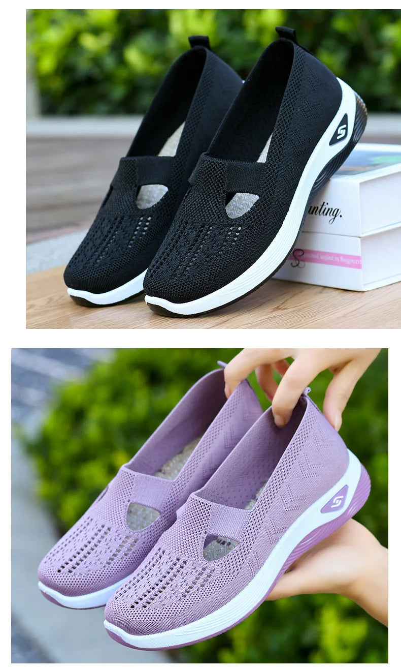 Damen Neue Sommerschuhe Mesh Atmungsaktive Sneaker Leichte Slip-on Plateau Freizeitschuhe Damen Rutschfeste Gehschuhe Gewebte Schuhe