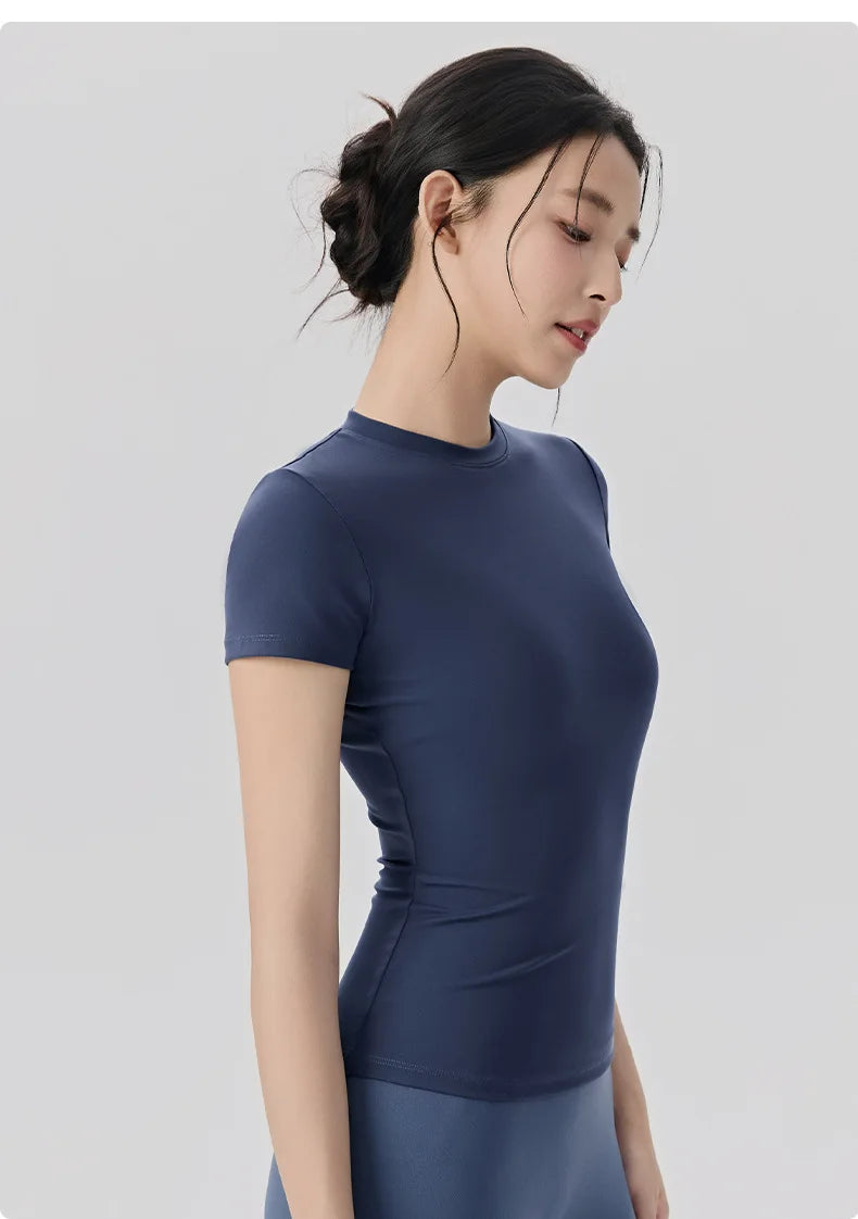 Frühlings- und Sommer-Yoga-Kleidung, kurzärmlig, nackt, eng anliegend, Fitness-Kleidung für Damen, Outdoor-Laufen, Training, Sport-T-Shirt