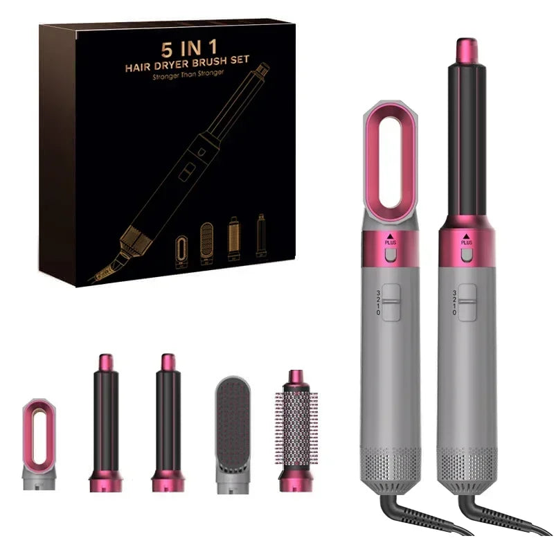5-in-1-Haartrockner- und Heißluftkammbürste mit Lockenstab und Haarglätter zum schnellen Trocknen, Locken, Glätten und Stylen