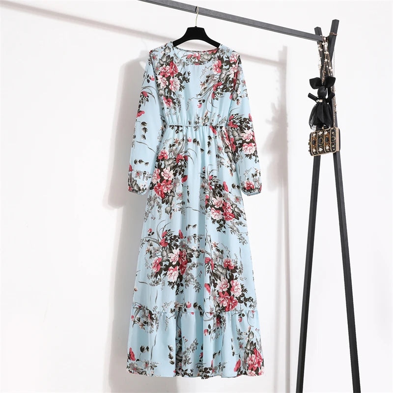 Frühling Sommer Damen Maxikleider Casual Langarm Geblümt O-Ausschnitt Damen Boho Strandparty Langes Kleid Mujer Vestidos