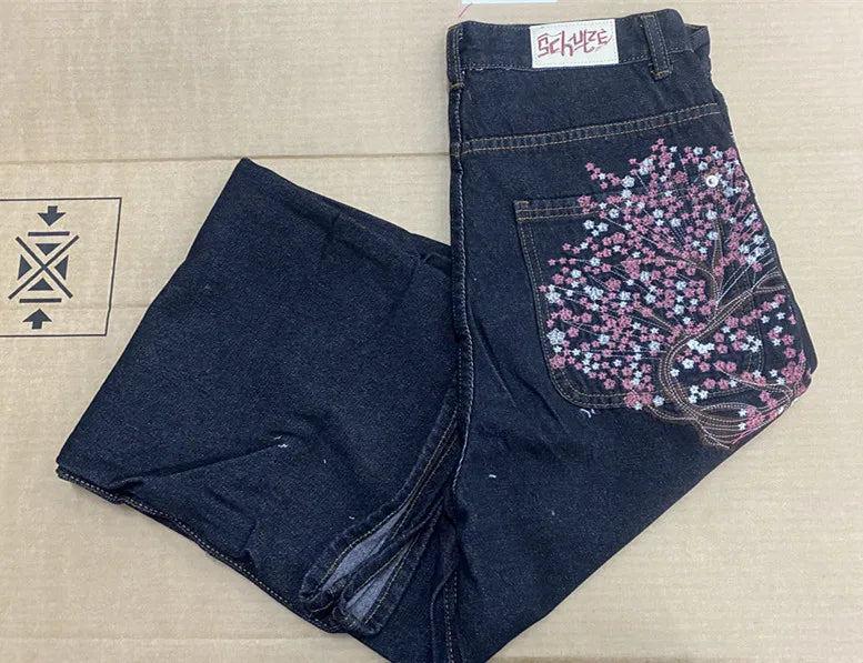 Vintage Low Waist Hip Hop Kirschblüten bestickte Jeans Weite Hose Y2K Kleidung Herren Damen Bestickte Baggy Jeans