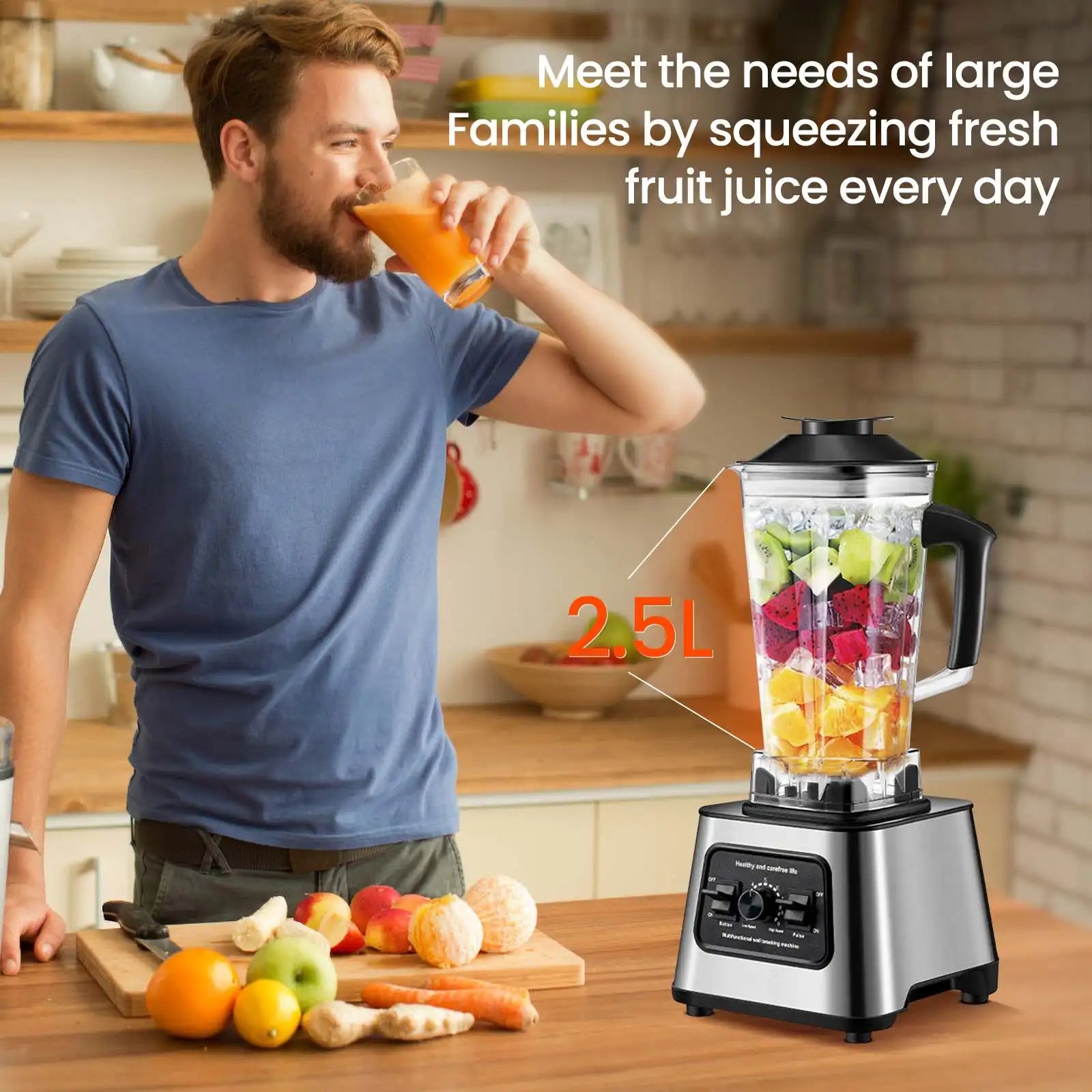 6000W Leistungsstarker Standmixer Mixer Entsafter Smoothie Maker Tischmixer 2.5L Behälter Küchenmaschine Mixer für Eis, Nüsse und Obst