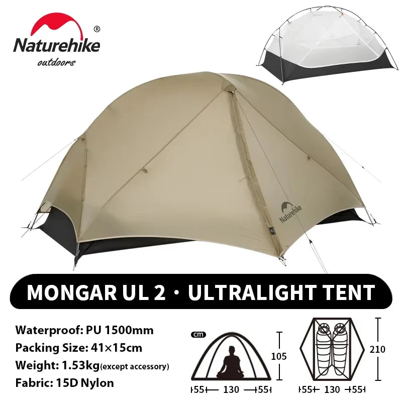 Naturehike Mongar UL 2 Zelt 2 Personen Trekkingzelt 20D Ultraleichtes Reisezelt Wasserdichtes Wanderzelt Überlebenszelt Outdoor Camping Zelt