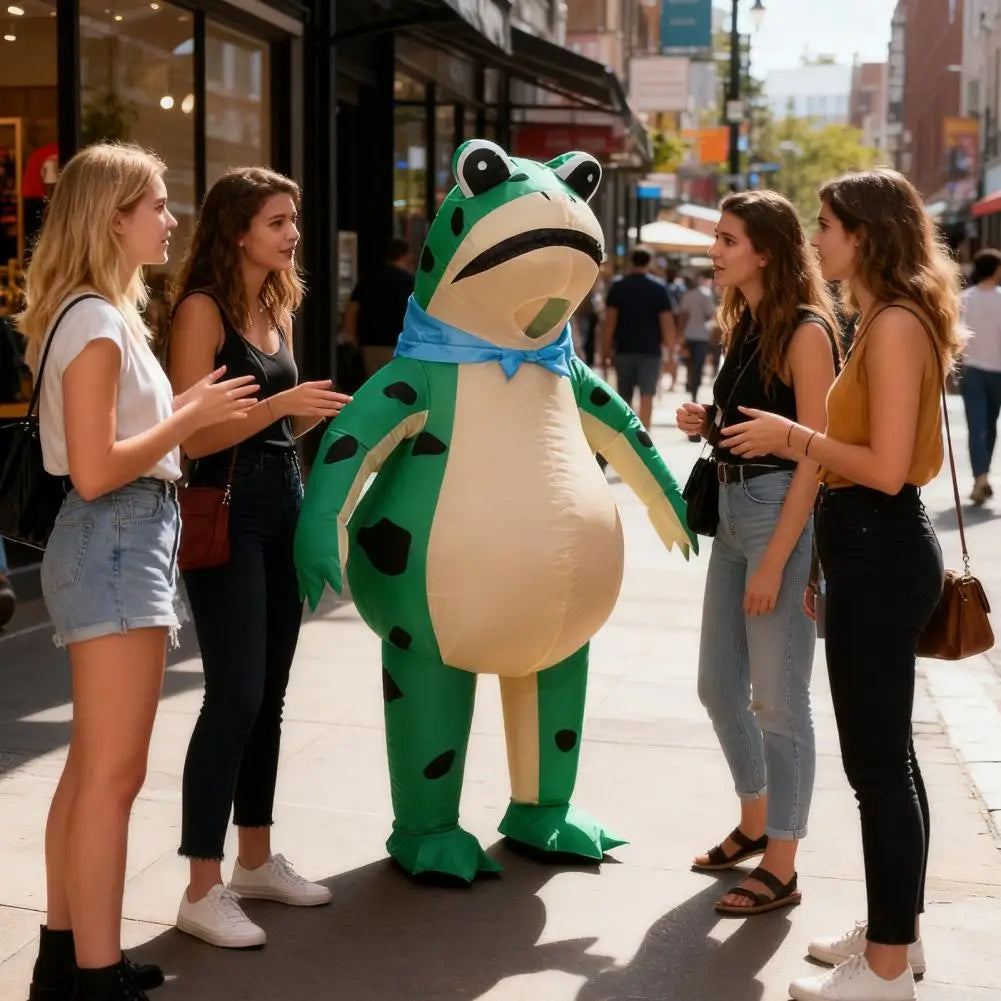 2025 Aufblasbares Froschkostüm Lustiges Ganzkörper-Aufblas-Cosplay-Kostüm für Erwachsene Kinder Halloween Schnell aufblasbarer Frosch-Anzug Zweitbild