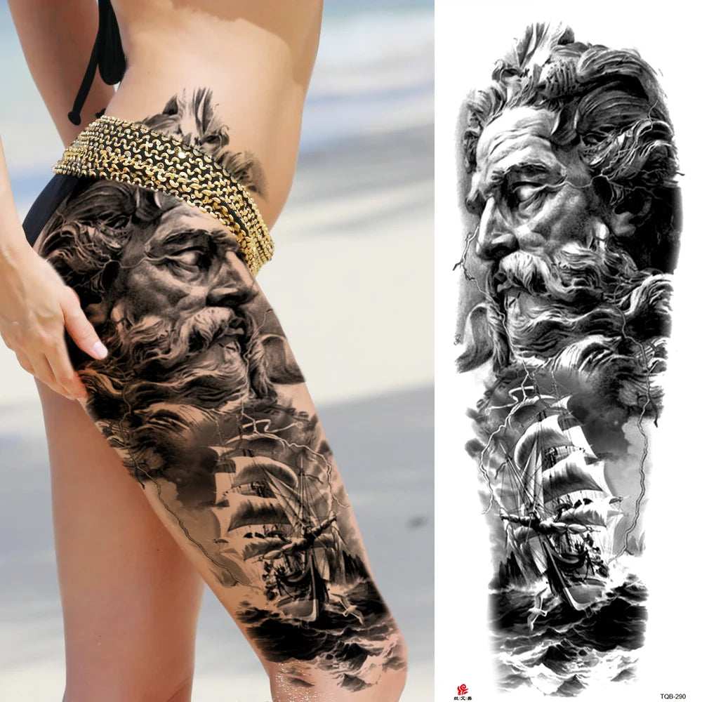1 Sheet Full Arm Compass Zeus Skull Tiger Lion Flower Temporary Tattoos Sleeve For Men Women Adults Fake Temp Sticker Tattoo
