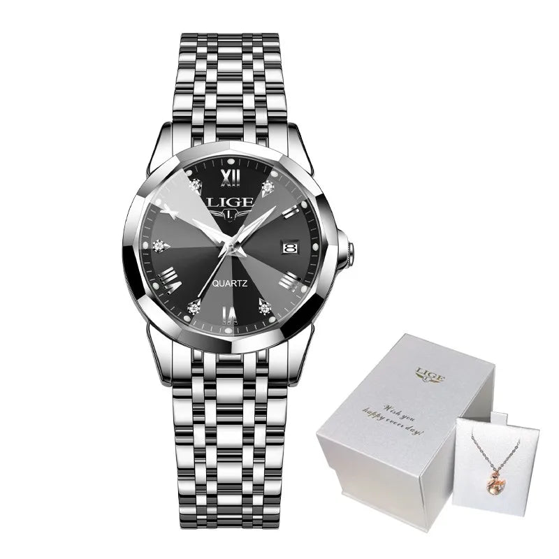LIGE Elegant Ultrathin Nordic Simple Style Quartz Movement Women's Wristwatch Fashion Stainless Steel Bracelet Belt Woman Watch