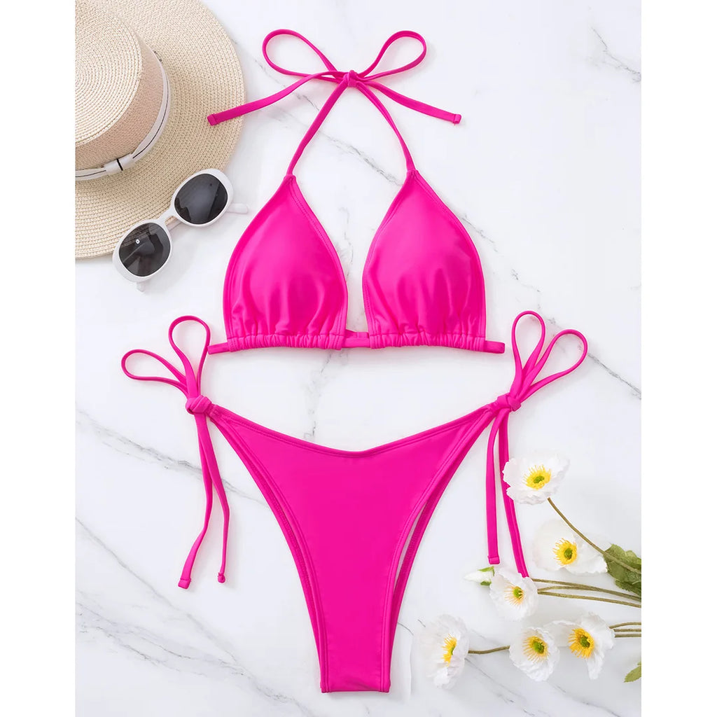 7 Farben Neckholder Brasilianischer Bikini Damen Bademode Weiblicher Badeanzug Zweiteiliges Bikini-Set Gepolsterter Badeanzug Damen V3536
