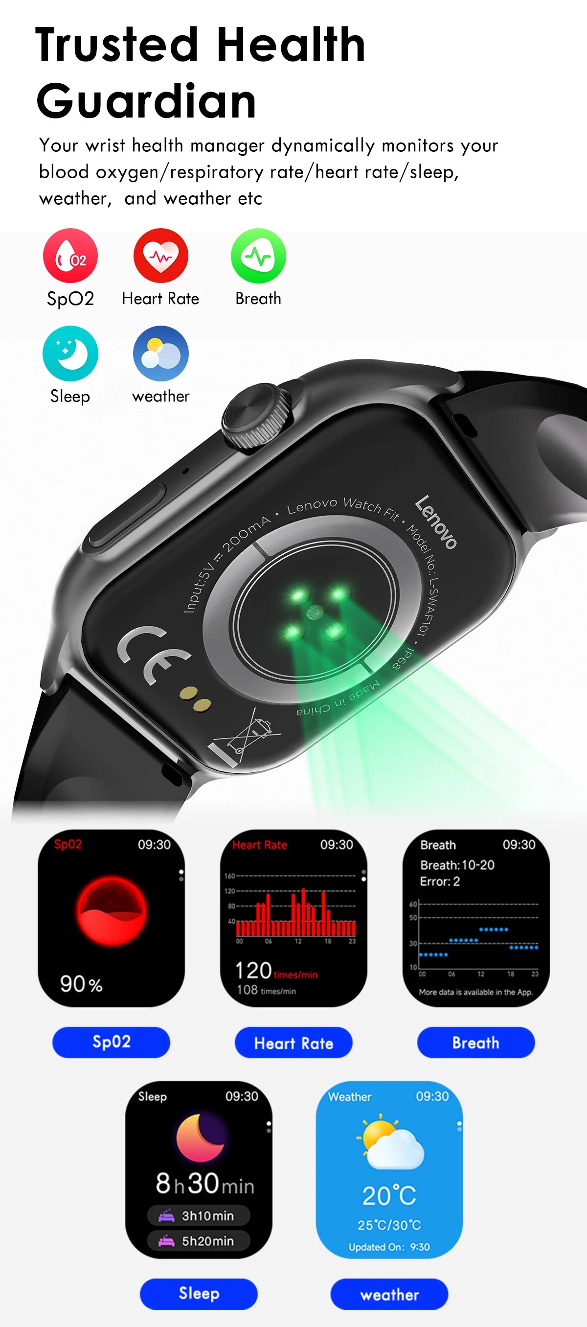 Lenovo 2026 Smartwatch 1,96" HD AMOLED Display Herzfrequenz-Gesundheitsüberwachung Bluetooth-Sprachanrufe Smartwatch für Android IOS