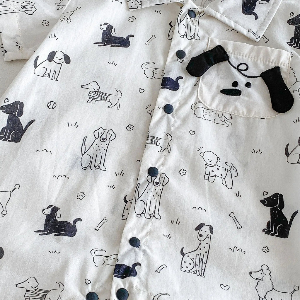 0-2Y Sommer Baby Jungen Kleidung mit Hundemuster, Einreihig, Kleinkind Strampler, Kurzarm, Süßes Baby Jungen Outfit