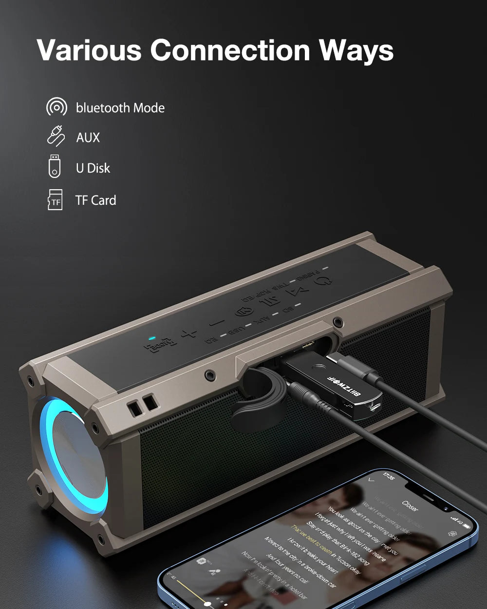 BlitzWolf BW-WA3 100W TWS Bluetooth-Lautsprecher mit vier Treibern, doppelter Membran, tiefem Bass, RGB-Licht, IPX5 Wasserdichtigkeit, 5000mAh Akku