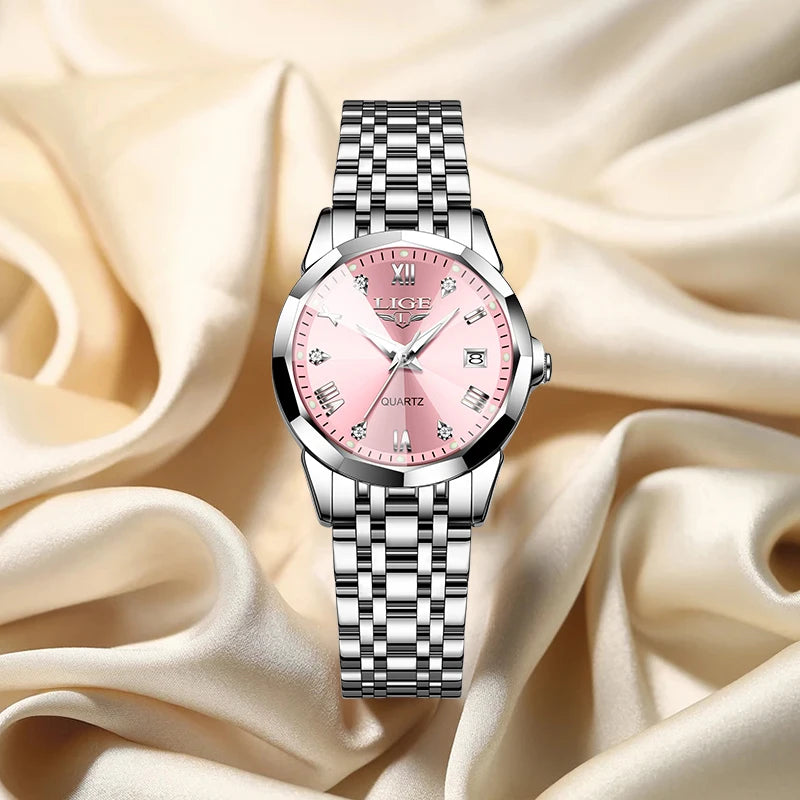 LIGE Elegant Ultrathin Nordic Simple Style Quartz Movement Women's Wristwatch Fashion Stainless Steel Bracelet Belt Woman Watch