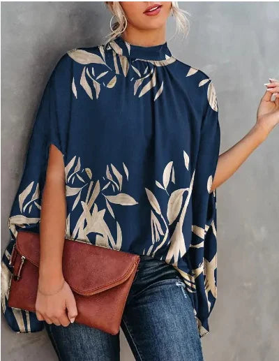 Lässige weite Damenbluse Mode Fledermausärmel Print Rundhals Shirts Top Frühling Sommer Büro Damen Blusen Elegante Oberteile 2024