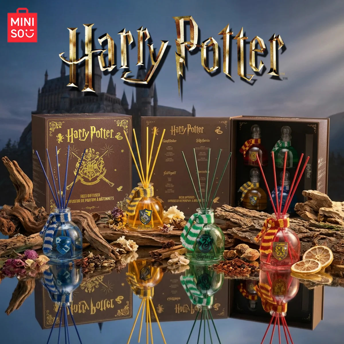 MINISO Harry Potter Serie 4tlg. Magic Academy Flammenloses Aroma-Kit Kartusche Reed Diffuser Öl Lufterfrischer Duftset