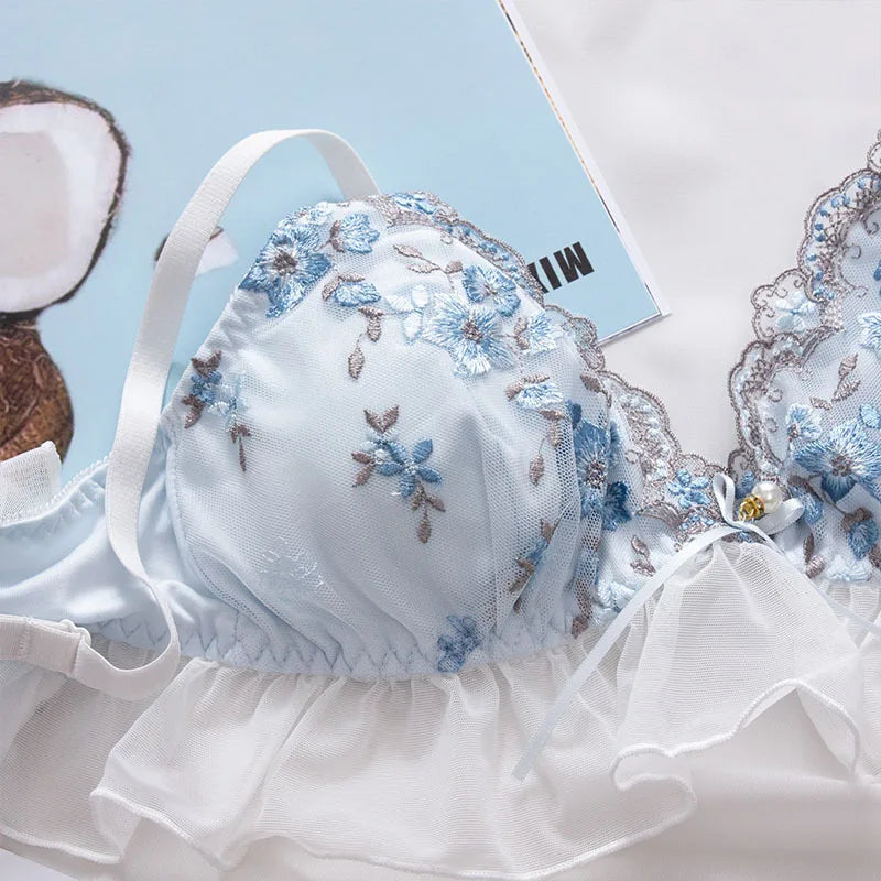 Besticktes Schleifen-Dessous-Set für Damen, japanisches süßes BH-Set, Triangel-Cup ohne Bügel, Studentenunterwäsche