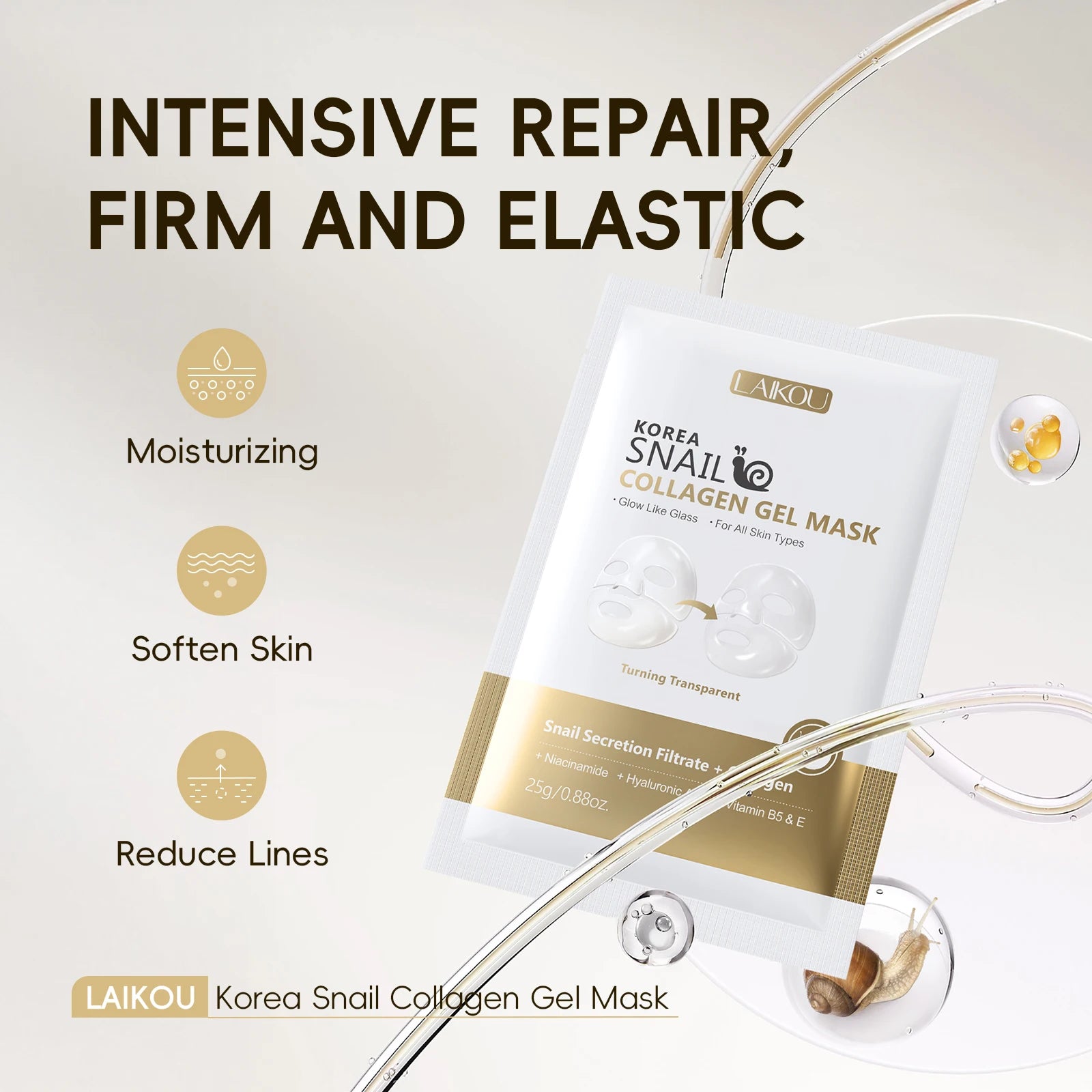 LAIKOU Korea Schnecken-Kollagen-Essenz-Maske, feuchtigkeitsspendende Tuchmaske, Anti-Falten-Gesichtsmaske, straffende Hautpflege, 25g*20 Stück