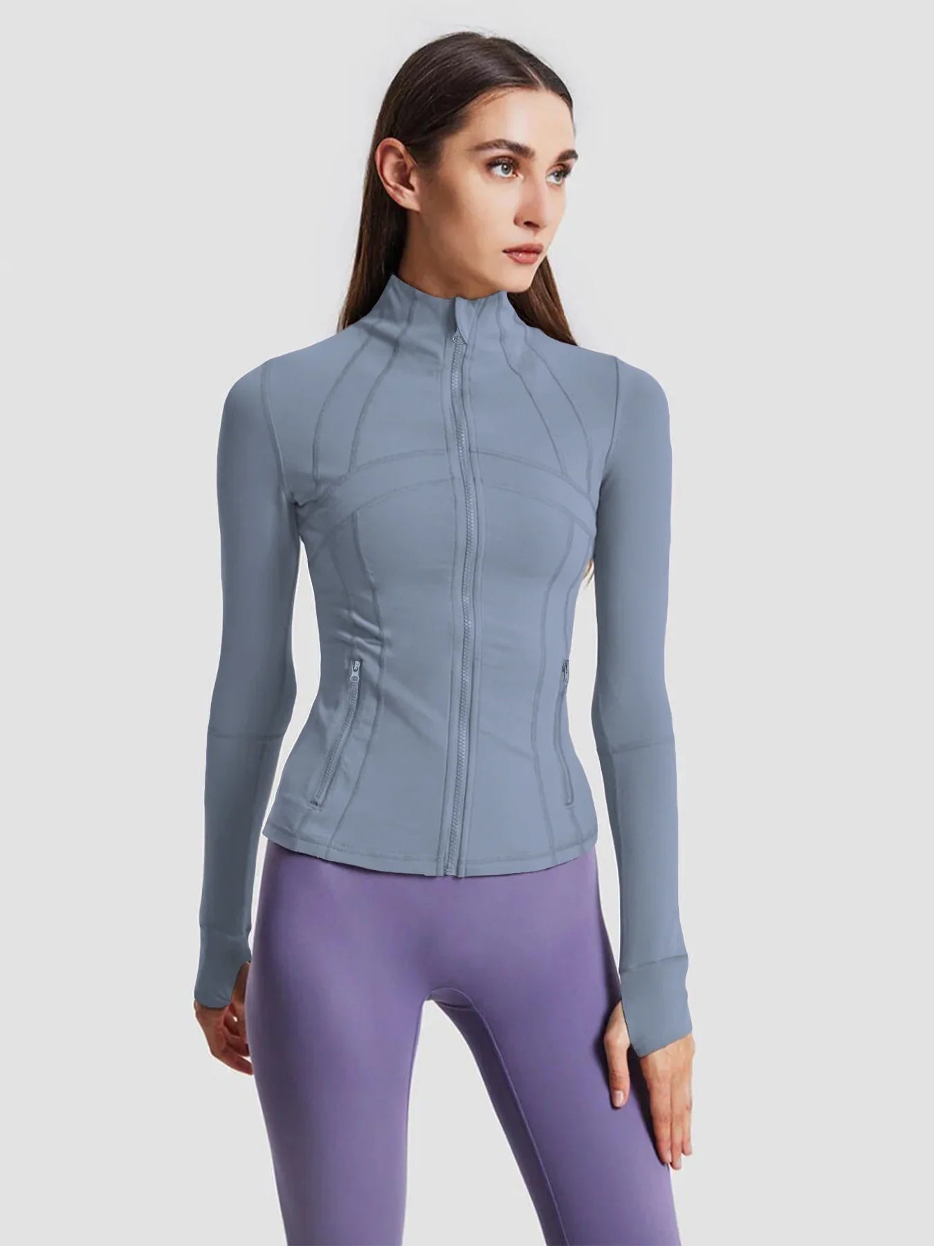 Women's Full-Zip Long Sleeve Yoga Jacket – Slim Fit Workout Jacket with Thumb Holes & Side Pockets, 5 Colors Available