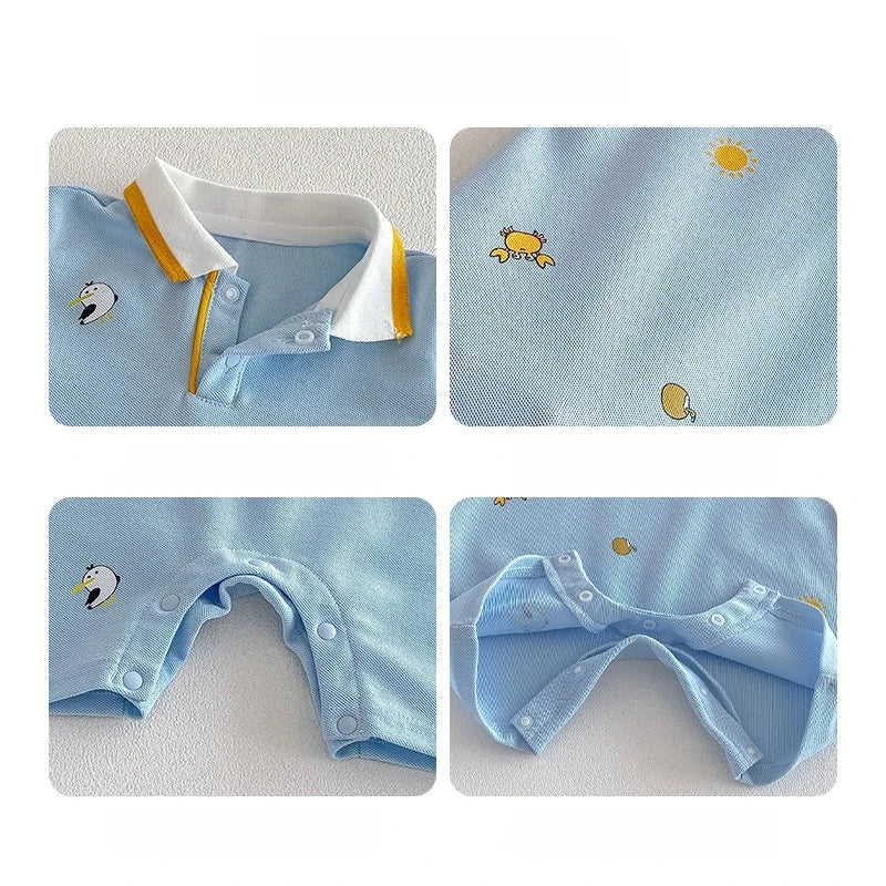 2026 Neue Sommer-Babykleidung 0-2 Jahre Cartoon-Print Ärmelloser Polo-Strampler Atmungsaktives Mesh-Gewebe mit Knopfleiste und Druckknopfverschluss