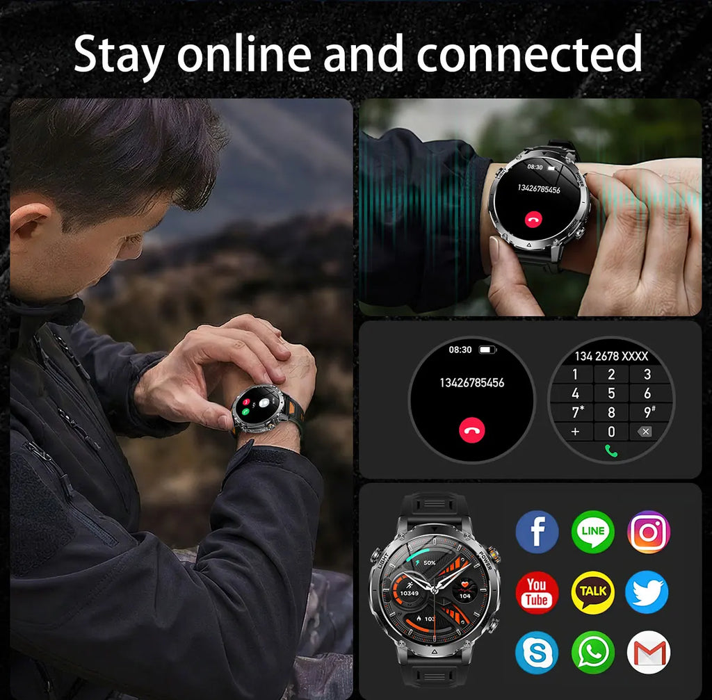 2026 Neue TANK Ultra 1400mAh Akku Militär Smartwatch 10ATM Wasserdicht Herzfrequenz Taktische LED Taschenlampe Herren Sportarmband