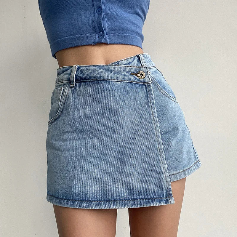 High-Waisted A-Linien Jeansshorts Damen Neue helle Fake Two-Piece Design Dünne Spice Girl Culottes Jeans-Kurzröcke Hauptbild