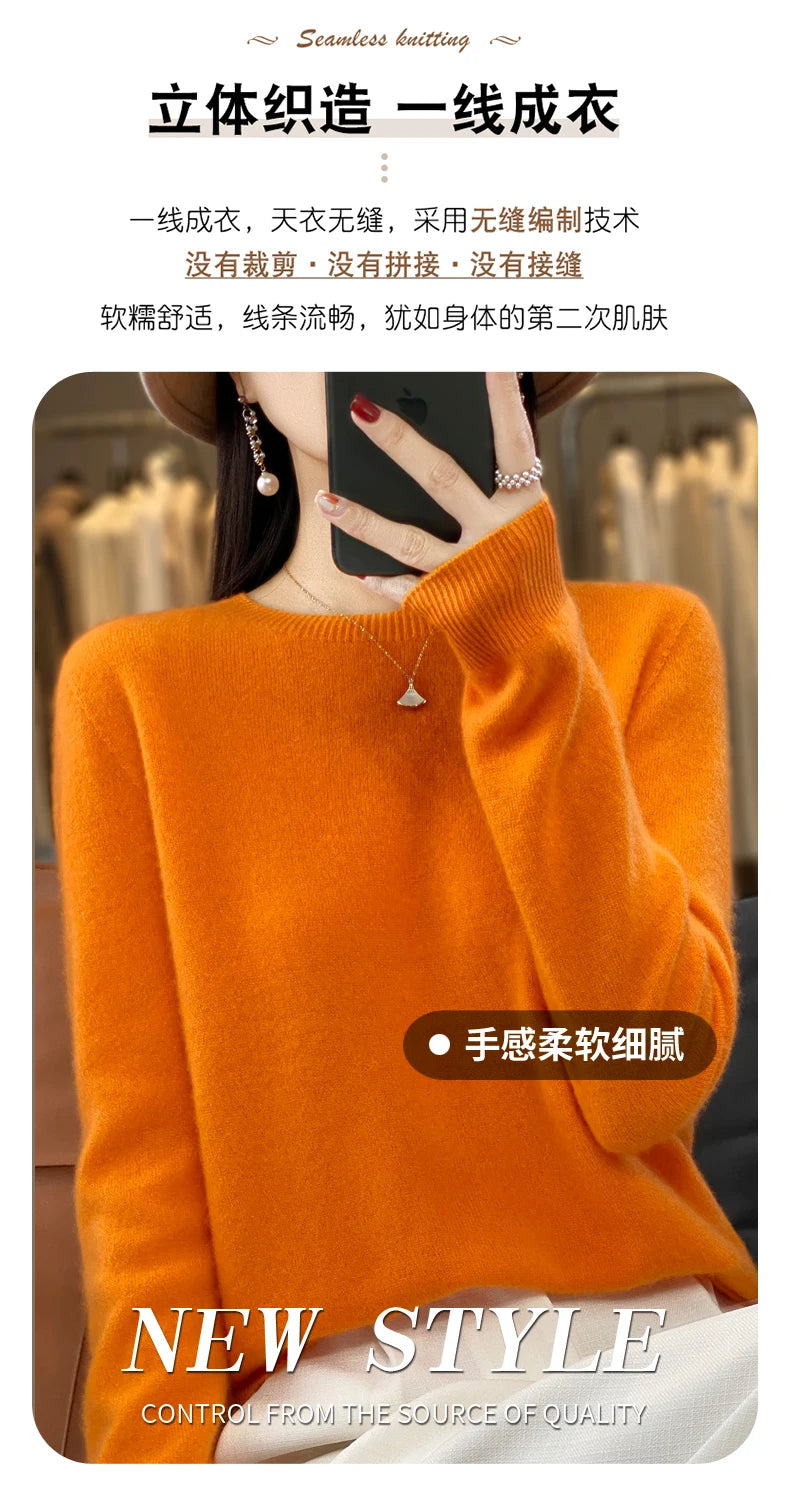 100 % Merinowolle Pullover Damen O-Ausschnitt Kaschmir Strickwaren Female Pullover Herbst Winter Freizeit Oberteile Einfarbig Weiche Kleidung
