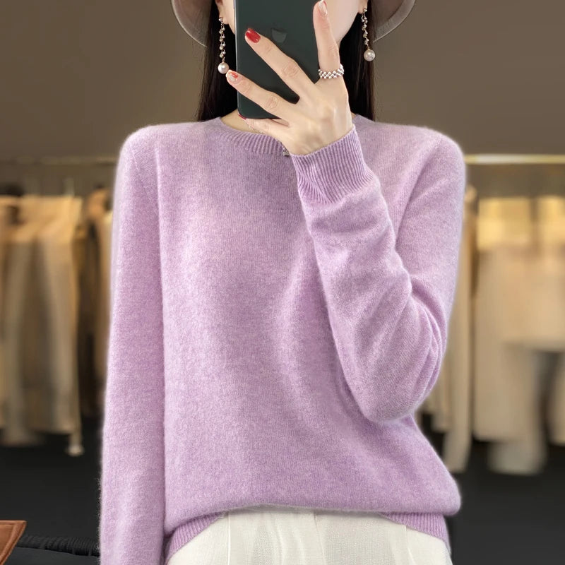 100 % Merinowolle Pullover Damen O-Ausschnitt Kaschmir Strickwaren Female Pullover Herbst Winter Freizeit Oberteile Einfarbig Weiche Kleidung