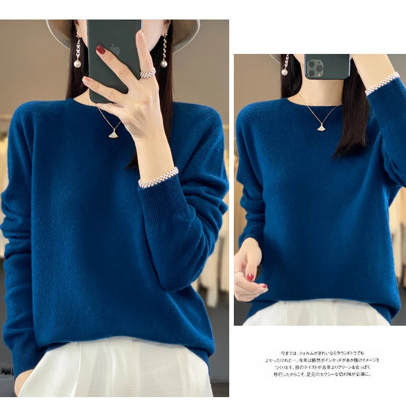 100 % Merinowolle Pullover Damen O-Ausschnitt Kaschmir Strickwaren Female Pullover Herbst Winter Freizeit Oberteile Einfarbig Weiche Kleidung