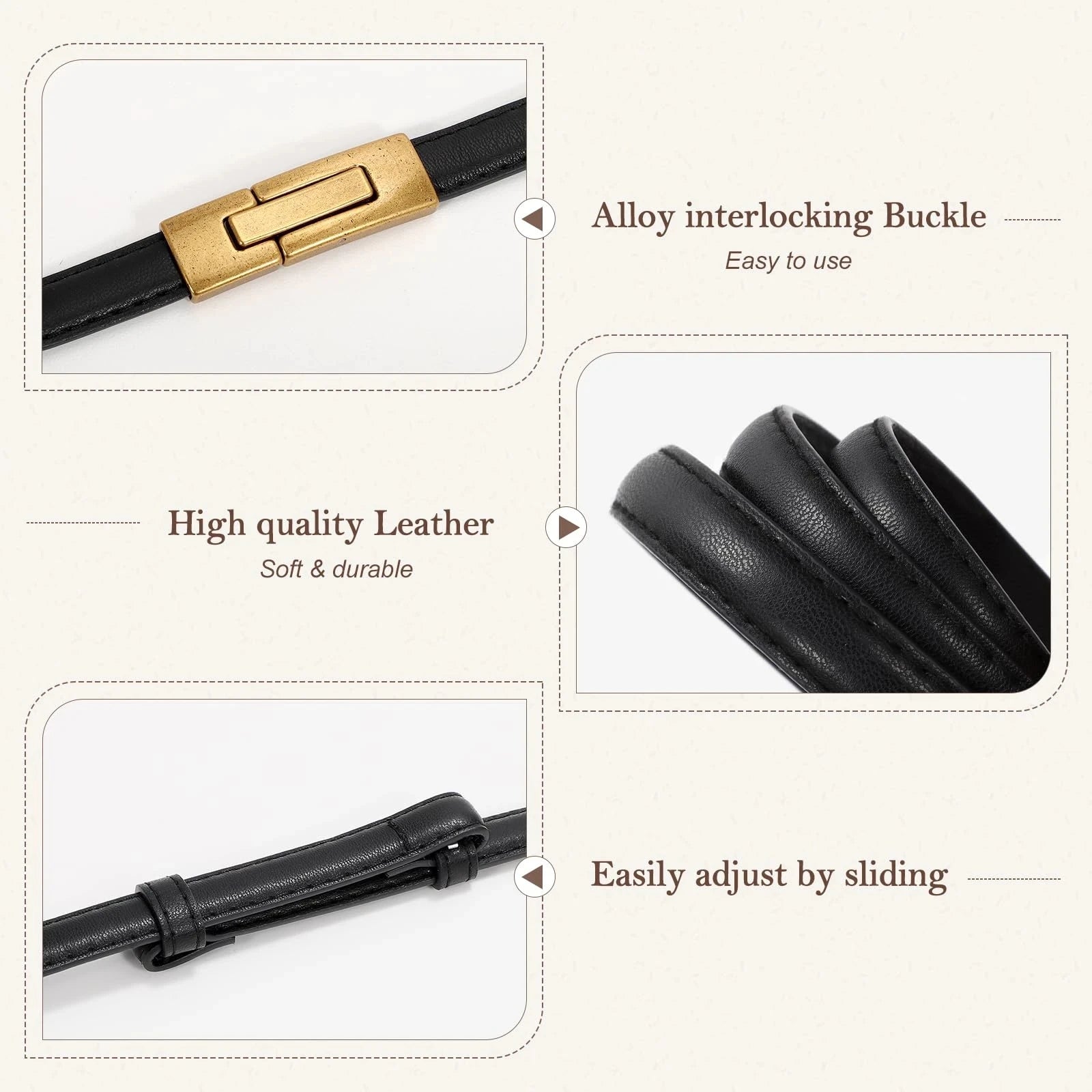 Adjustable Women’s Skinny Thin Belt, Classic Solid Color Genuine Leather Waistband for Trendy Coats and Dresses