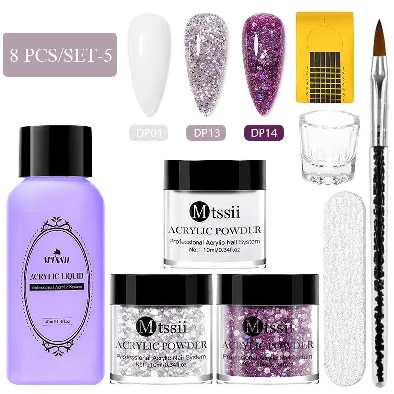 8pc MTSSII Acrylic Powder Nail System Set Clear Nude Pink Monomer Liquid Set With Nail Brush For Nails Extension Carving Flower
