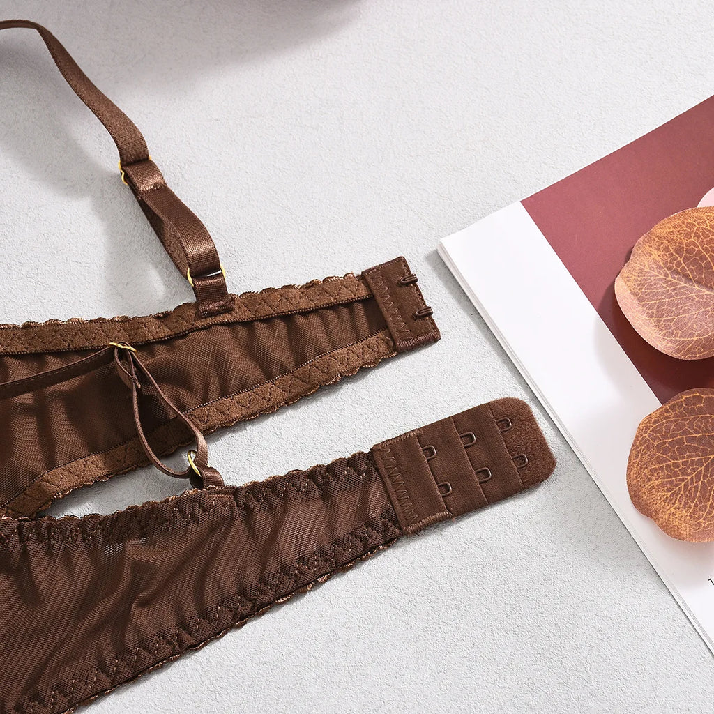 Elegant Lingeries Sexy Hot Exclusive Coffee Bra Belt Thong 3PC with Leg Circles Cute Intimate Lace Tempted Tipsy Set