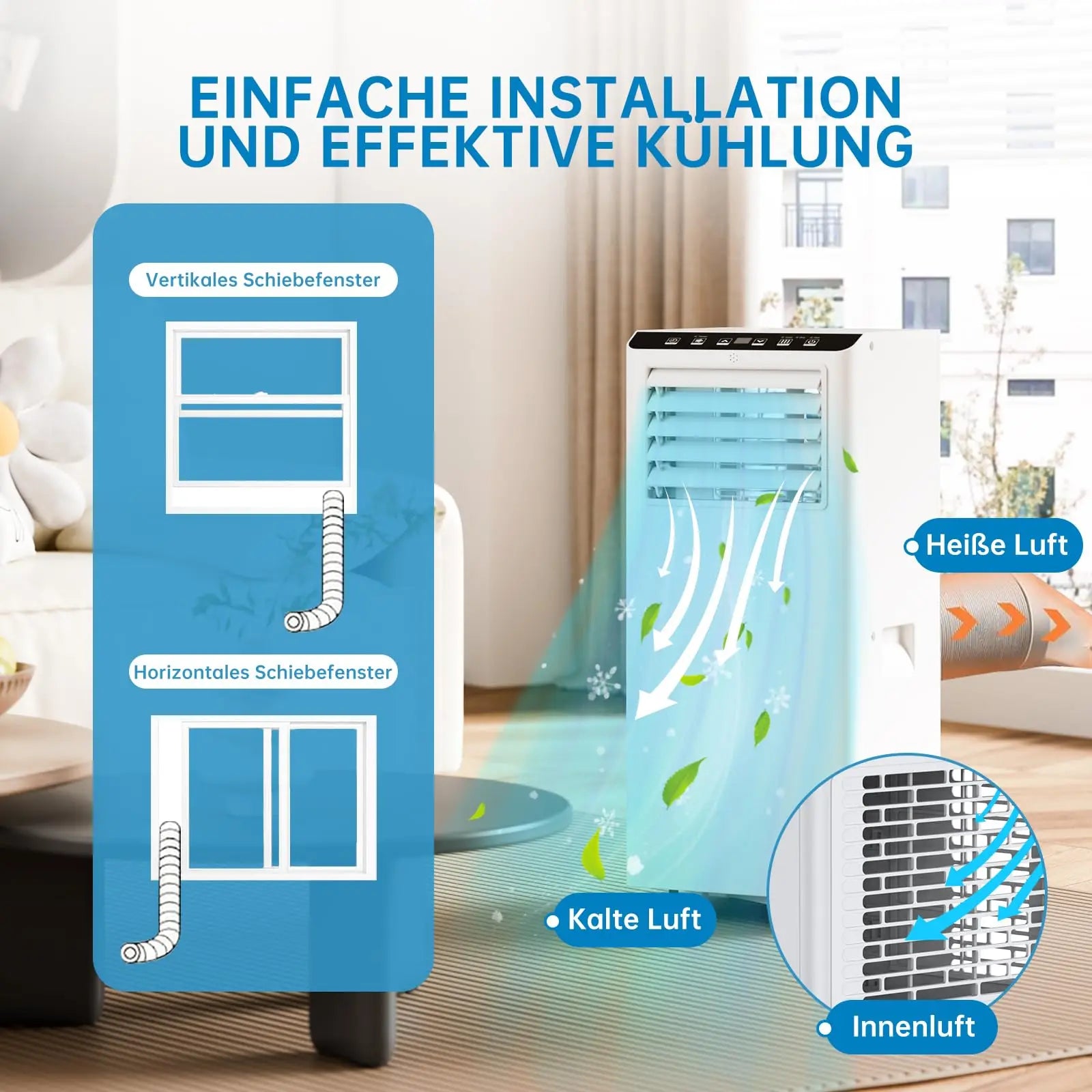 7000 BTU mobile Klimaanlage, 3-in-1 Kühlentfeuchter & Ventilator, 2 Geschwindigkeiten, keine externe Einheit, leise für Räume bis 30 m²