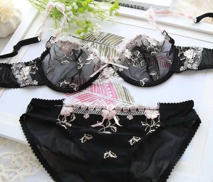 Französischer Minimizer-BH-Set | Große Größe, ungefüttert, Spitze, Halb-Cup, große Körbchen, dünn, Anti-Schwerkraft, transparenter Dessous-Set BANERDANNI BHs