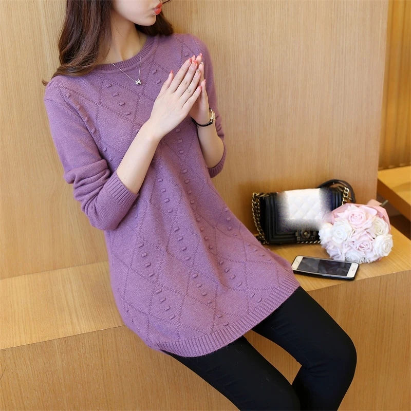 Strickpullover Herbst Winter Oberteile Rundhals Langarm Pullover Legere Warme Damenpullover Midi Lang Schmaler Pullover Mädchen
