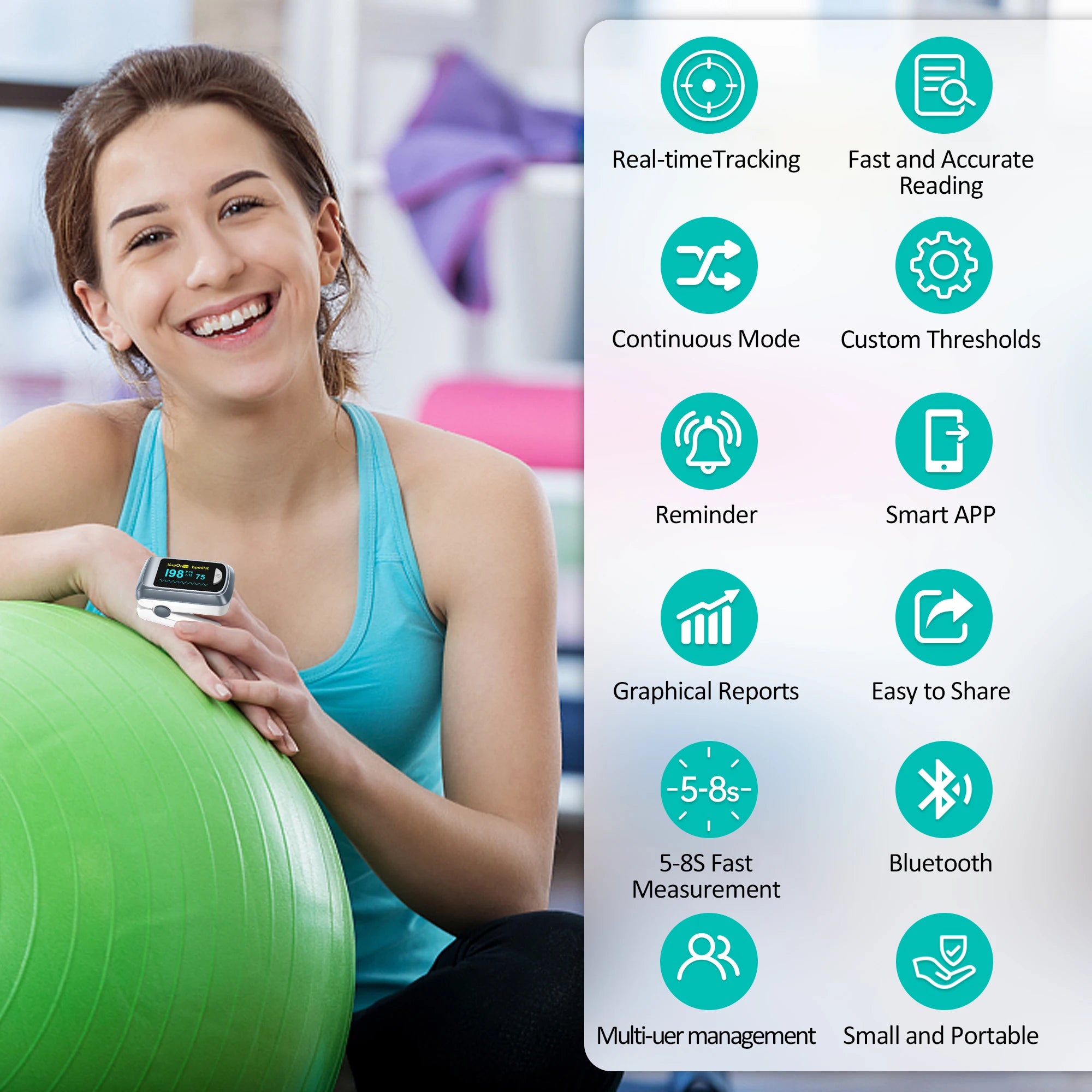 HealthTree Fingerspitzen-Pulsoximeter Blutsauerstoffsättigung SpO2 PI Oximetro De Dedo Pulsioximeter Oxymeter Bluetooth APP-Steuerung Zweitbild