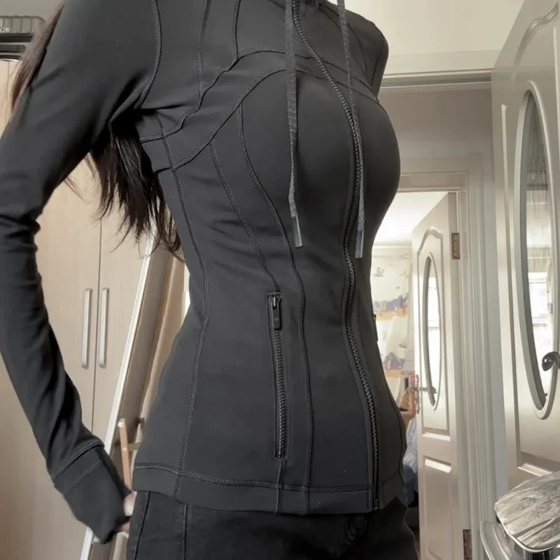 Damen Kapuzen-Sportanzug für Outdoor, Laufen, Fitness und Yoga, atmungsaktiv, lange Ärmel, Strickjacke