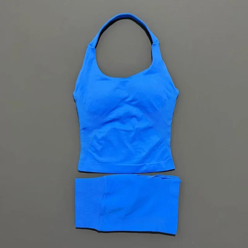 2-teiliges Sportset Damen Rückenloses Tanktop Hohe Taille Scrunch Nahtlose Shorts Fitnesskleidung Activewear Trainingssets Gym Anzug