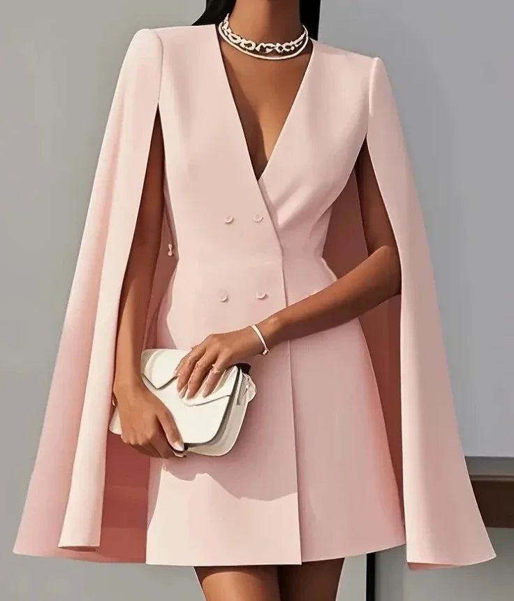 Damenkleider 2025 Frühling Herbst Neu Pendler Doppelreihiger Schalkragen Cape Einfarbig V-Ausschnitt Minikleid Mode Damenbekleidung