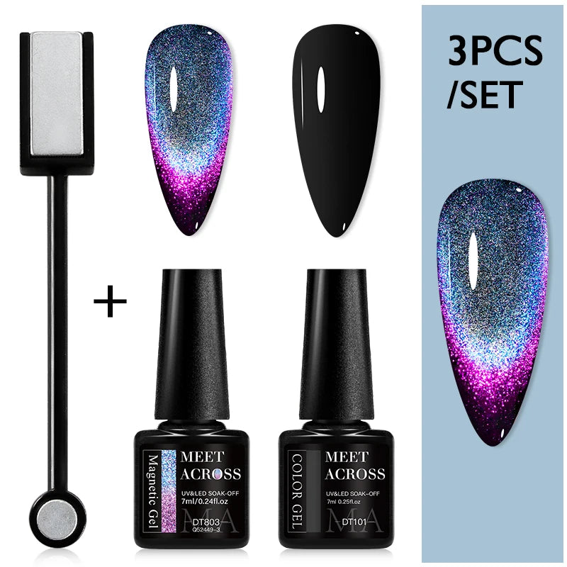 MEET ACROSS 3Pcs/Set 9D Cat Magnetic Gel Nail Polish With Magnetic Stick Semi Permanent Soak Off Nail Art UV LED Gel Varnish Kit