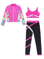 3Pcs Kids Girls Skating Athletic Fitness Workout Tracksuit Sleeveless Vest Top +Pants with Long Sleeve Zipper Sweatshirt Gym Set