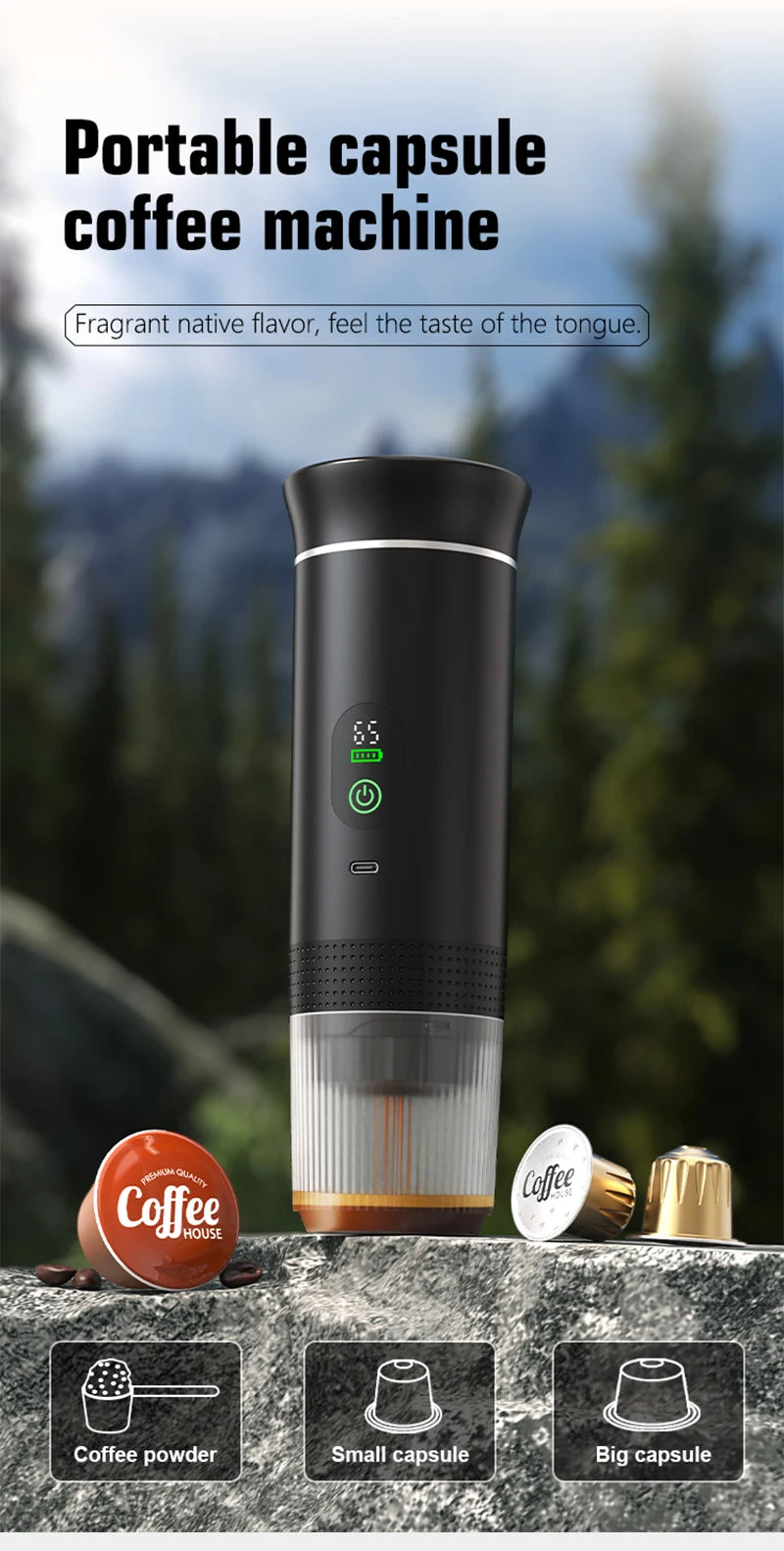 DENOKIN Tragbare Espresso-Kaffeemaschine mit Digitalanzeige, 3-in-1 Kapsel-Kaffeemaschine für Auto & Zuhause, Camping-Kaffeemaschine