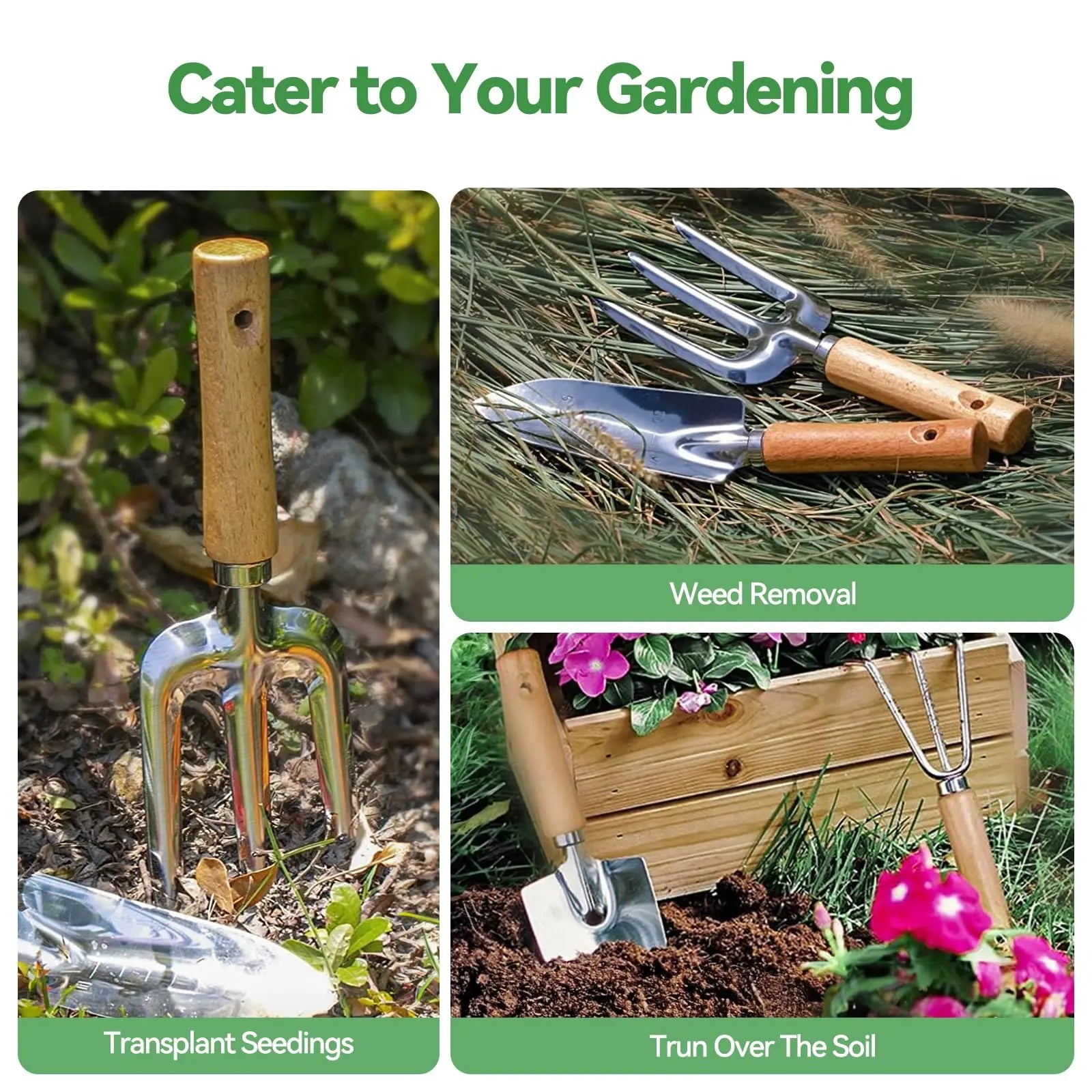 9-teiliges Garten-Jätwerkzeug-Set aus Edelstahl mit Holzgriff, Jäter