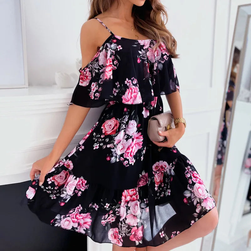 Damen Sommer V-Ausschnitt Ärmelloses Sling-Camisole Pendler bedrucktes Chiffon-Bohemian-Blumenkleid für Damen Hauptbild