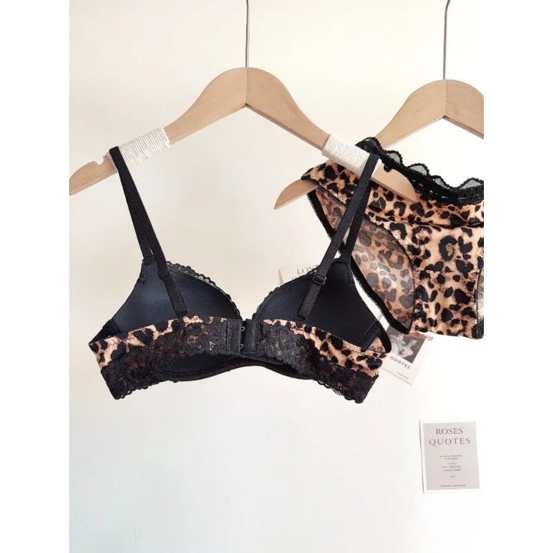 Sexy Leopard-Print-Dessous-Set für Damen, kabellos, unsichtbarer Push-Up für kleine Brüste, verstellbares A-bis-C-Körbchen, transparenter, reiner Spitzen-Look, S-XL