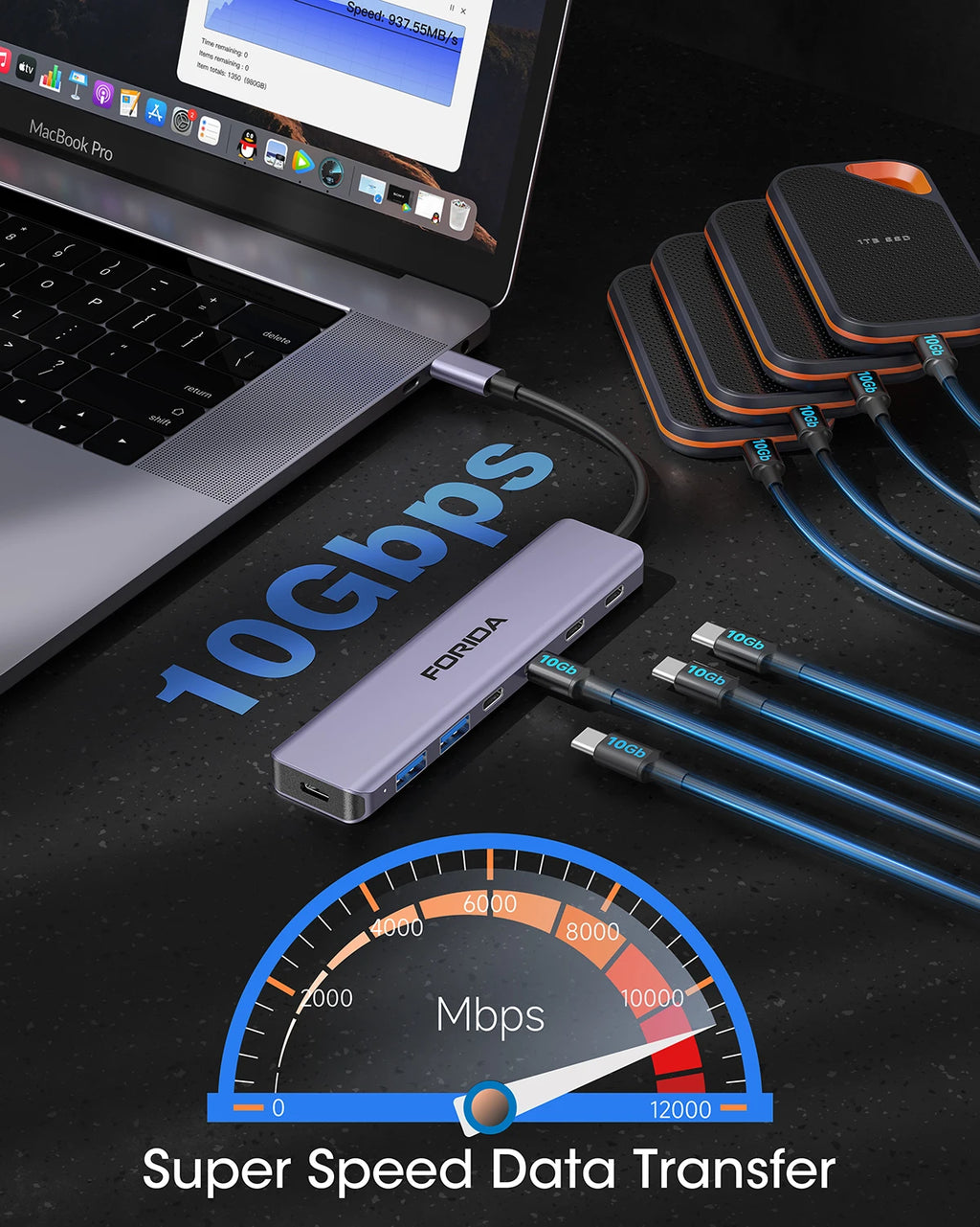 FORIDA USB-Hub Typ C 10 Gbit/s USB-C-Splitter PD 100 W Stromladung USB 3.2 Gen2 Adapter für Laptop MacBook Desktop Tablet