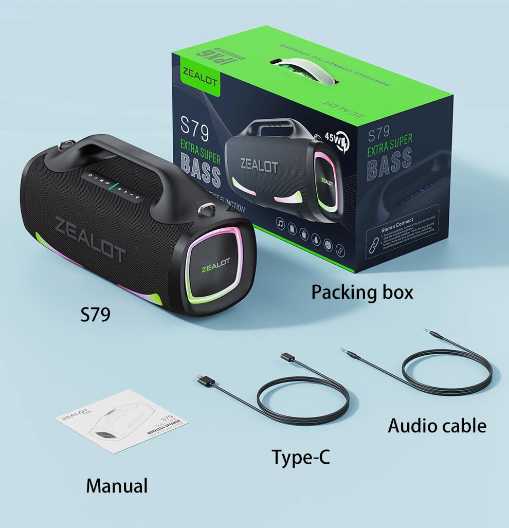 ZEALOT S79 Bluetooth-Lautsprecher 100W Tragbarer Subwoofer HiFi Dual Pairing Schnellladung 24000mAh Akku