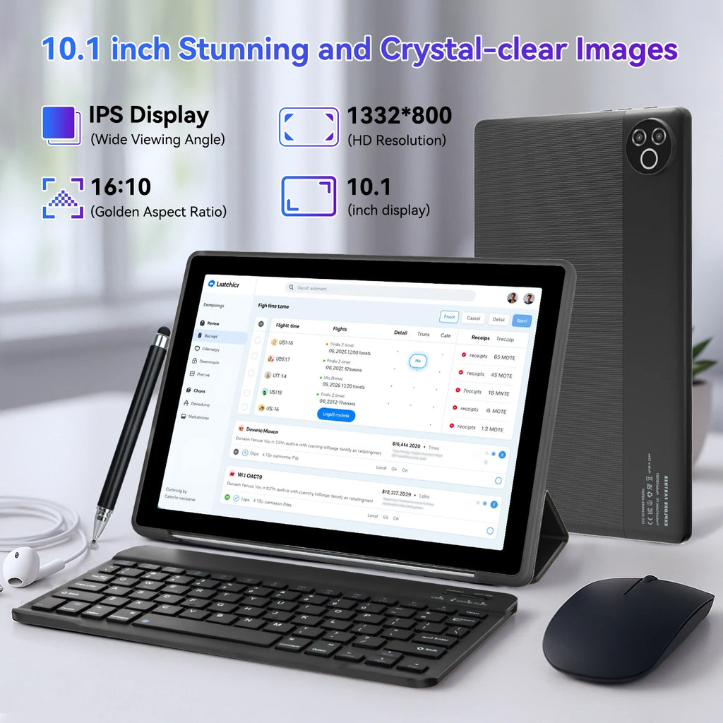 URAO Android 15 Tablet 10,1 Zoll 20GB RAM 64GB ROM 5-Kern Dual Kamera Tablets PC Set Tastatur/Hülle/Maus/Stylus/Kopfhörer