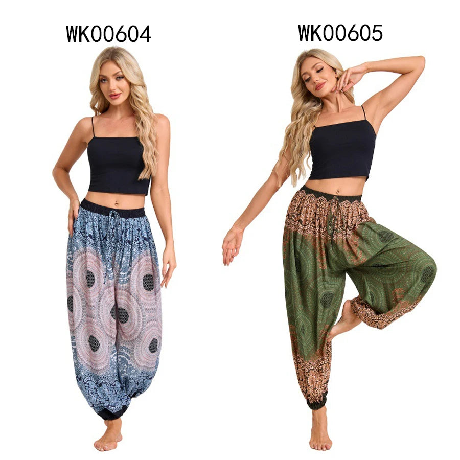 Damen Boho Weite Hosen Haremshose Erwachsene Hohe Taille Yoga Loose Laternenhose Atmungsaktive Strandhose Urlaub Bedruckte Jogger